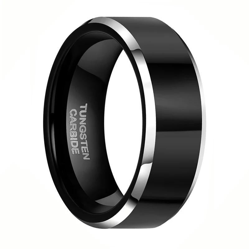 6-8mm | Black and Silver Tone Squared Tungsten Band Ring